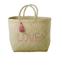 Natural Raffia Shopping Basket LOVE & Soft Pink Tassel By Rice DK